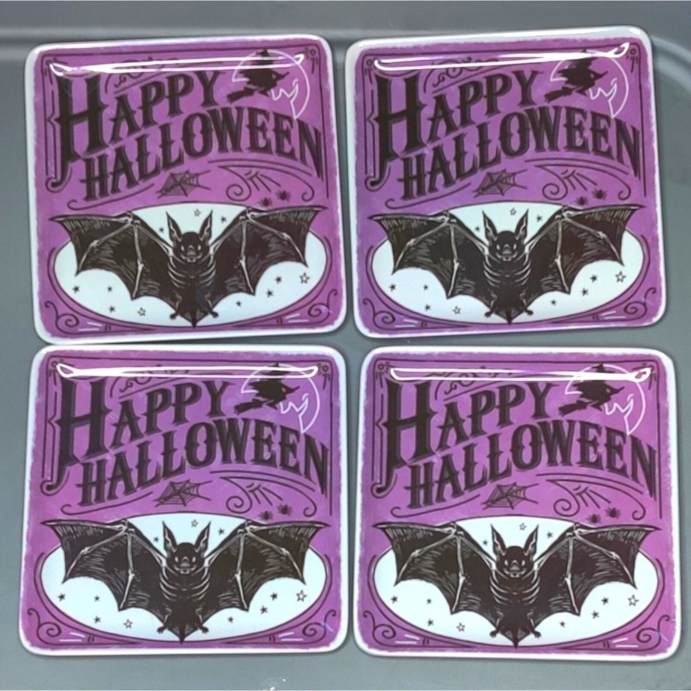 Happy Halloween Bat Purple Melamine Appetizer Plates Set of 4 Gothic Decor 6in